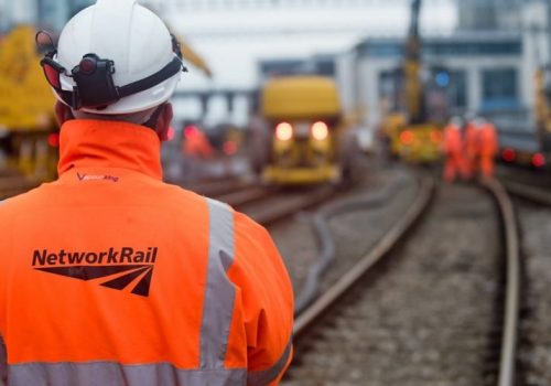 Network Raill worker on tracks Cardiff