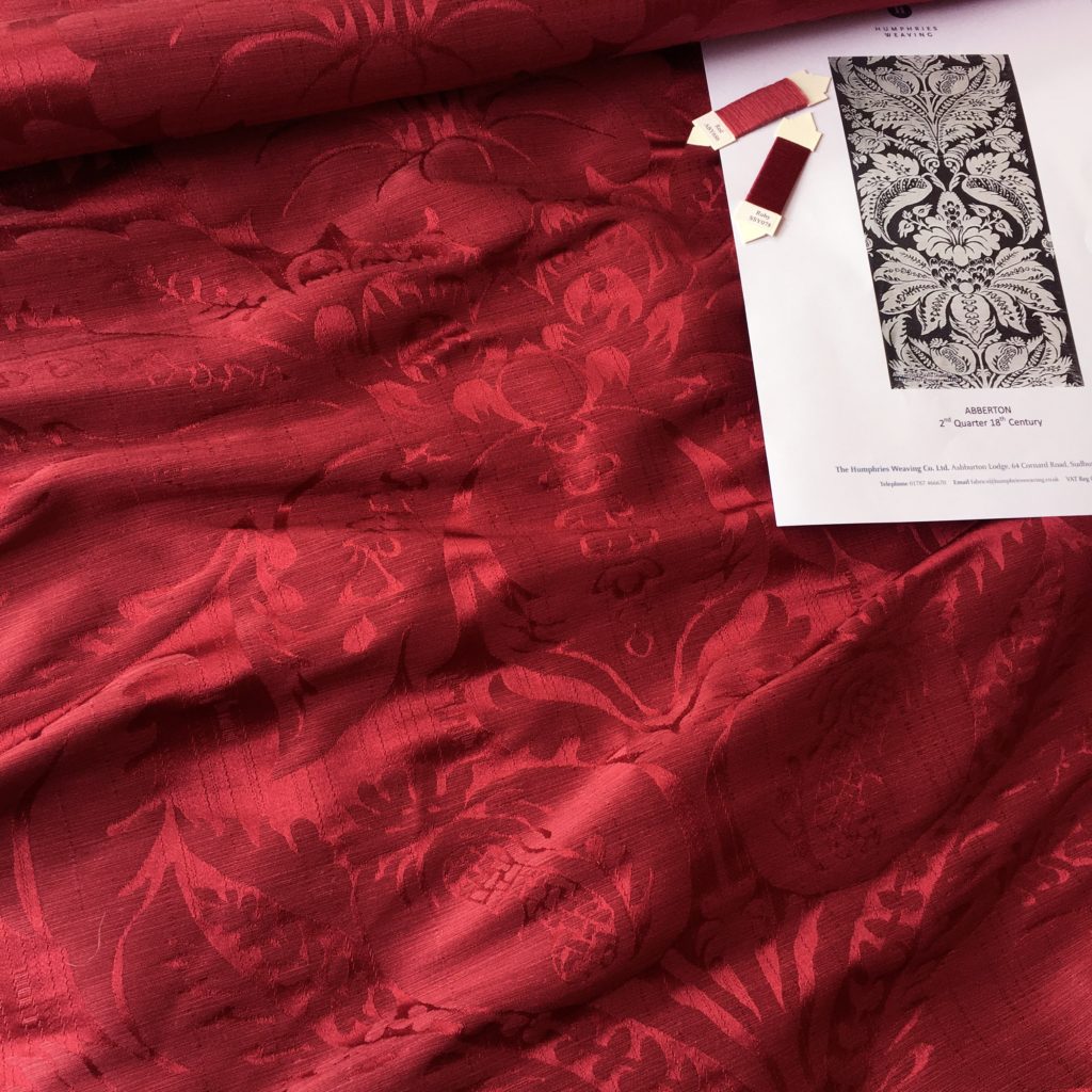 Humphries Weaving : An 18th Century “Abberton Damask” in the customer's chosen silk & linen shades in response to their brief. The fabric is suitable for upholstery, curtains and drapes, with the design one of thousands available from their textile archive