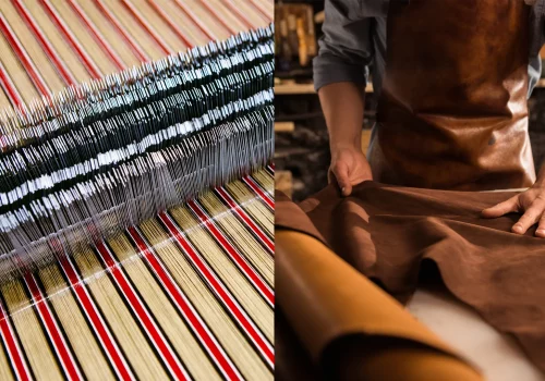 image split in two, left side have a textile weaving machine, right side has a man working on leather