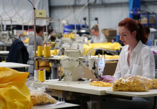 women working in a clean factory as a production sewing machinist