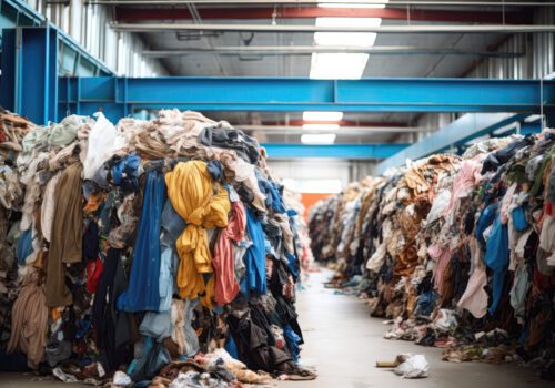 Adobe Clothing Scraps In Municipal Waste Sorting Facility. Сoncept Recycling Clothing Scraps, Sorting Waste At Municipal Facilities, Reducing Landfill Waste, Clothing Waste Impact On Environment