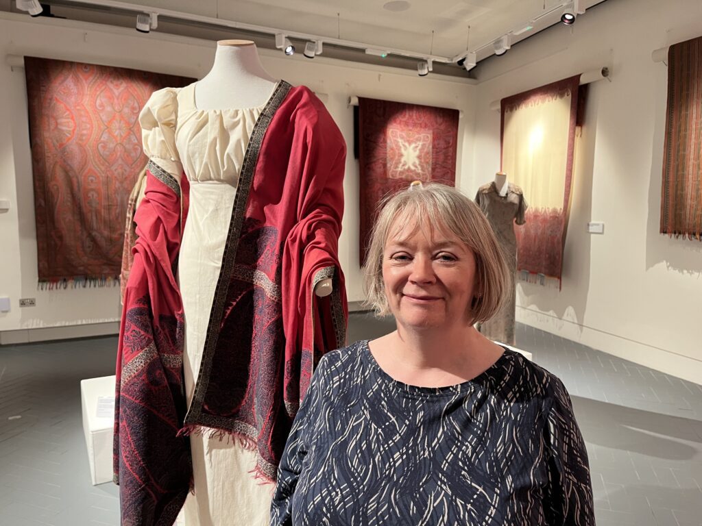 Helen Taylor, Heriot-Watt Archivist, at the Paisley shawl exhibition