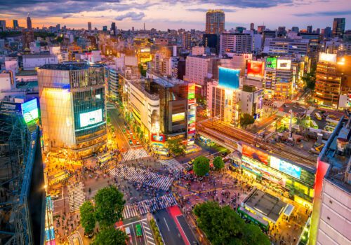 Shibuya Crossing from top view at twilight in Tokyo, Japan