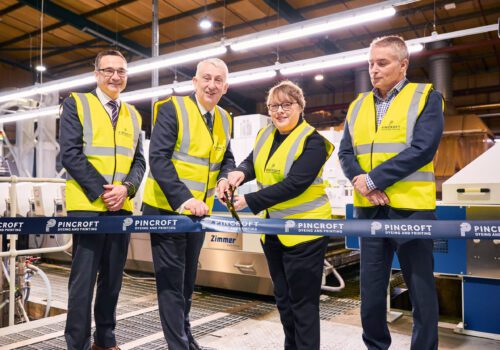 Pincroft: New Printer Unveiling (L-R) John Vareldzis (CEO), Sir Lindsay Hoyle MP, Maria Eagle MP, Mike Collins (MD).