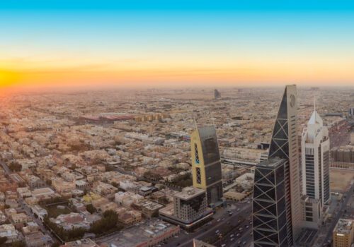 Aerial view of Riyadh City, the Capital of Saudi Arabia, on sunset